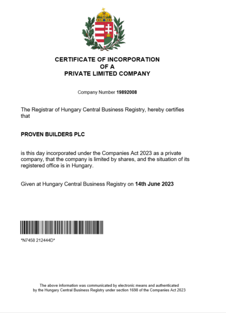 Hungary certificate of registration Word and PDF template